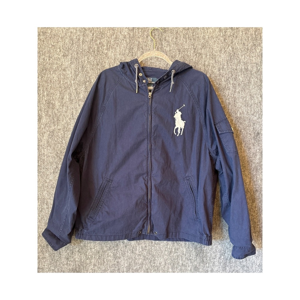 Polo Ralph Lauren Mens XXL Navy Blue Big Pony Zip‎ Up Hooded Windbreaker Jacket